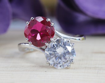 Two Stone Ring, Swirl Ring, Cushion Ruby & White Diamond Engagement Ring, Designer Bypass Ring, Two Stone Diamond Ring, 14K Solid White Gold