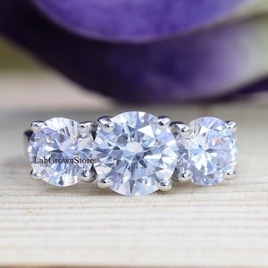 Three Stone Round Cut Certified Genuine Lab Grown Diamond Engagement Ring, Round Diamond Three Stone Engagement Ring, 14k Solid Gold Ring