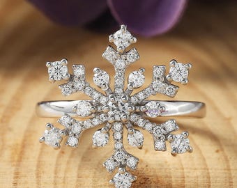 Cluster Snowflake Ring, Lab Grown Diamond  Ring, Winter Ballerina Diamond Ring, Round Cut Certified Lab Grown Diamond Ring, 14k Gold Ring