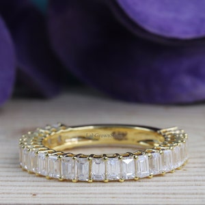 Solid 14K Yellow Gold Emerald Cut Diamond Wedding Band, Emerald Cut Diamond Wedding Band, Vintage Stacking Ring Band, Half Eternity Band