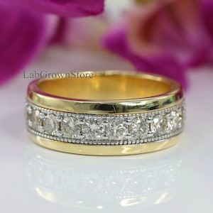 Half Eternity Men&#39;s Wedding Band, Round Cut Genuine Lab Grown Diamond Engagement Band, Milgrain Wedding Ring, Platinum Wedding Band,14k Gold