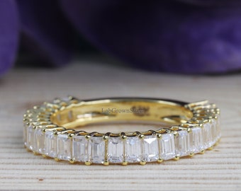 Solid 14K Yellow Gold Emerald Cut Diamond Wedding Band, Emerald Cut Diamond Wedding Band, Vintage Stacking Ring Band, Half Eternity Band