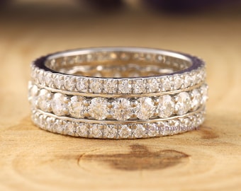 Three Row Moissanite Diamond Band, Full Eternity Moissanite Diamond Wedding Band, Engagement Wedding Ring For Her, 14K Solid White Gold Band