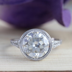 3.00 CT Old European Cut OEC Round Diamond Ring, Milgrain Bezel Set Ring, Solitaire With Accent Engagement Ring, Solid 14K White Gold Ring