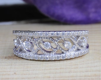 Eternity Diamond Band Ring, Wedding Diamond Band, Round Diamond Engagement Ring, Two Row Unique Diamond Band, 14K Solid White Gold Band Ring