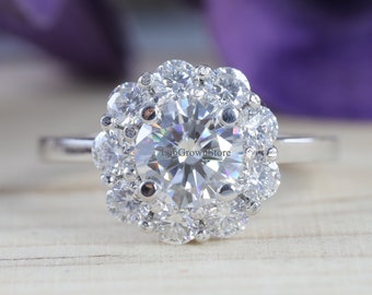 Flower Halo Engagement Ring, 2.00 CT Round Cut Diamond Ring, Women's Wedding Ring, Anniversary Gift Ring, Solid 14K White Gold Wedding Ring