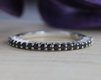 Moissanite Eternity Band 14K Solid White Gold, Half Eternity Black Diamond Wedding Ring, Thin Dainty Stacking, Women&#39;s Diamond Wedding Band