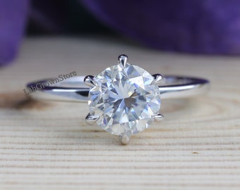 Round Cut Solitaire Engagement Ring, Round Genuine Lab Grown Diamond Engagement Ring, Hidden Halo Diamond Wedding Ring, 14k Solid Gold Ring