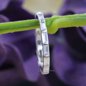 Solid 14K White Gold Baguette Moissanite Diamond Wedding Band, Baguette Diamond Wedding Band, Vintage Stacking Ring Band, Full Eternity Band