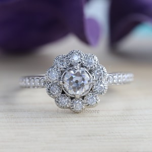 Milgrain-Bezel Set Wedding Ring, Floral Inspired Ring, Antique Art Deco Edwardian Ring, Round Old European Cut Diamond Engagement Ring