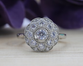 Flower Halo Diamond Ring, Vintage Halo Diamond Engagement Ring, Flower Engagement Ring, Diamond Floral Engagement Ring, Women's Wedding Ring