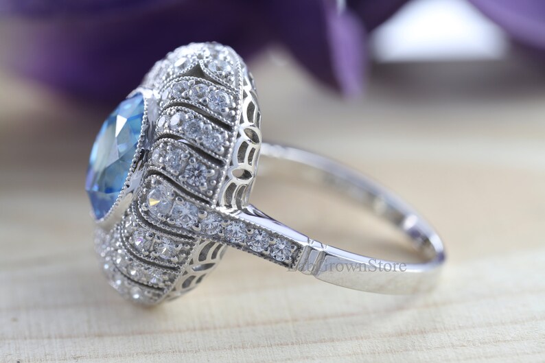 Aqua Blue Topaz & Diamond Engagement Ring Milgrain Set Wedding Ring Victorian 14K Solid White Gold Ring Antique Edwardian Filigree Ring