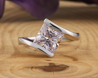 Princess Cut Certified Lab Grown Diamond Wedding Ring, Solitaire Bypass Ring, Princess Cut Men's Ring, Half Bezel Set Bar Ring, 14K Gold