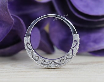 Anillo de compromiso con diamantes redondos cultivados en laboratorio, alianza vintage art déco milgrain y filigrana, anillo con diamantes cultivados en laboratorio certificados, oro blanco de 14 quilates.