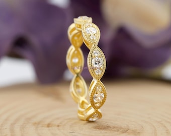 Vintage Art Deco Band, IGI Certified Round Cut Lab Grown Diamond Full Eternity Band, Infinity Stacking Band, Milgrain Wedding Band, 14K Gold