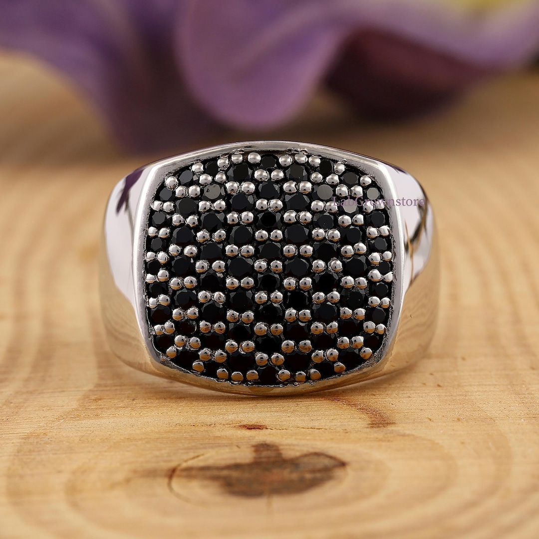 Men's Wide Pave Signet Black Diamond Silver Ring, Black Diamond