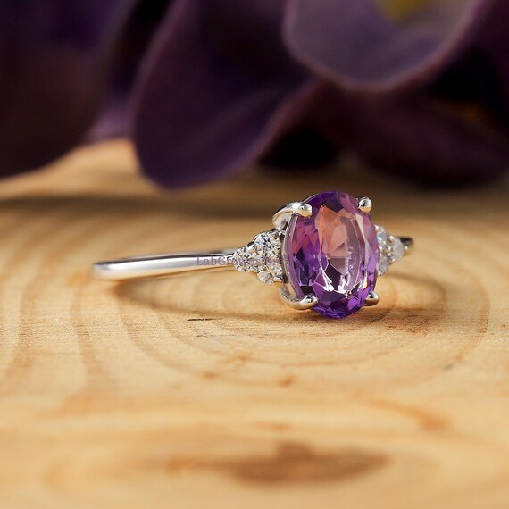 Amethyst Ring, Dainty Seven Stone Ring, Purple Oval Round Cut