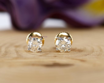 Certified Lab Grown Diamond Stud Earring, Dainty Round Cut Diamond Stud, Tiny Solitaire Diamond Earrings for Women, 14K Gold Minimalist Stud
