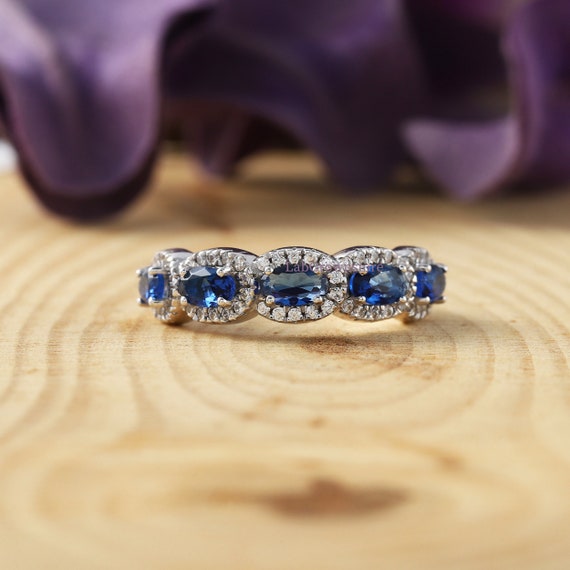 AFFY Oval Cut Simulated Blue Sapphire Five Stone Ring - 14k Gold Over Sterling Silver (1.61 Cttw) - View #7