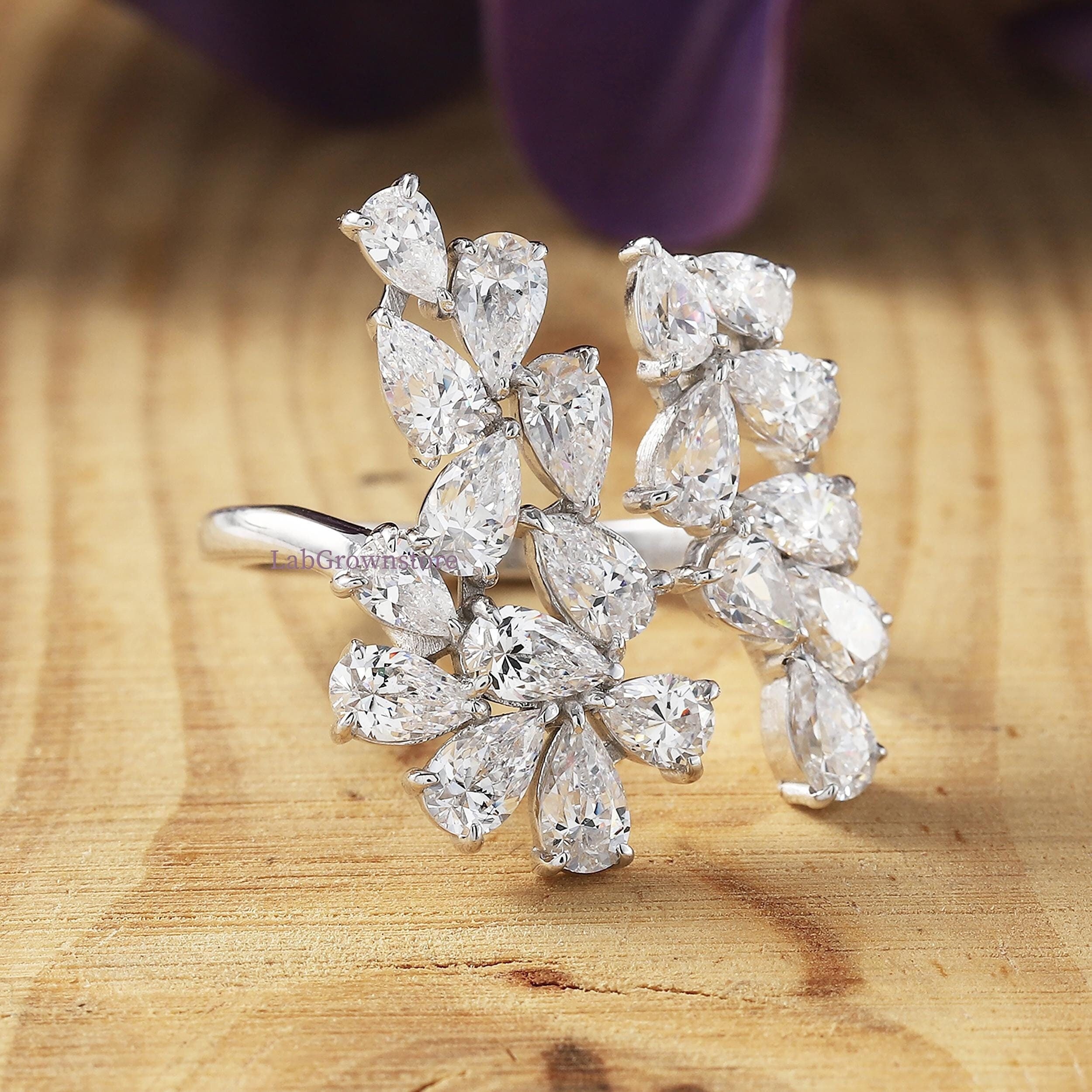 Cluster Pear Cut Bypass Moissanite Engagement Ring, Genuine Certified Lab Grown Diamond Open Cuff Ring, Cocktail Party Wear Ring, 14k Gold