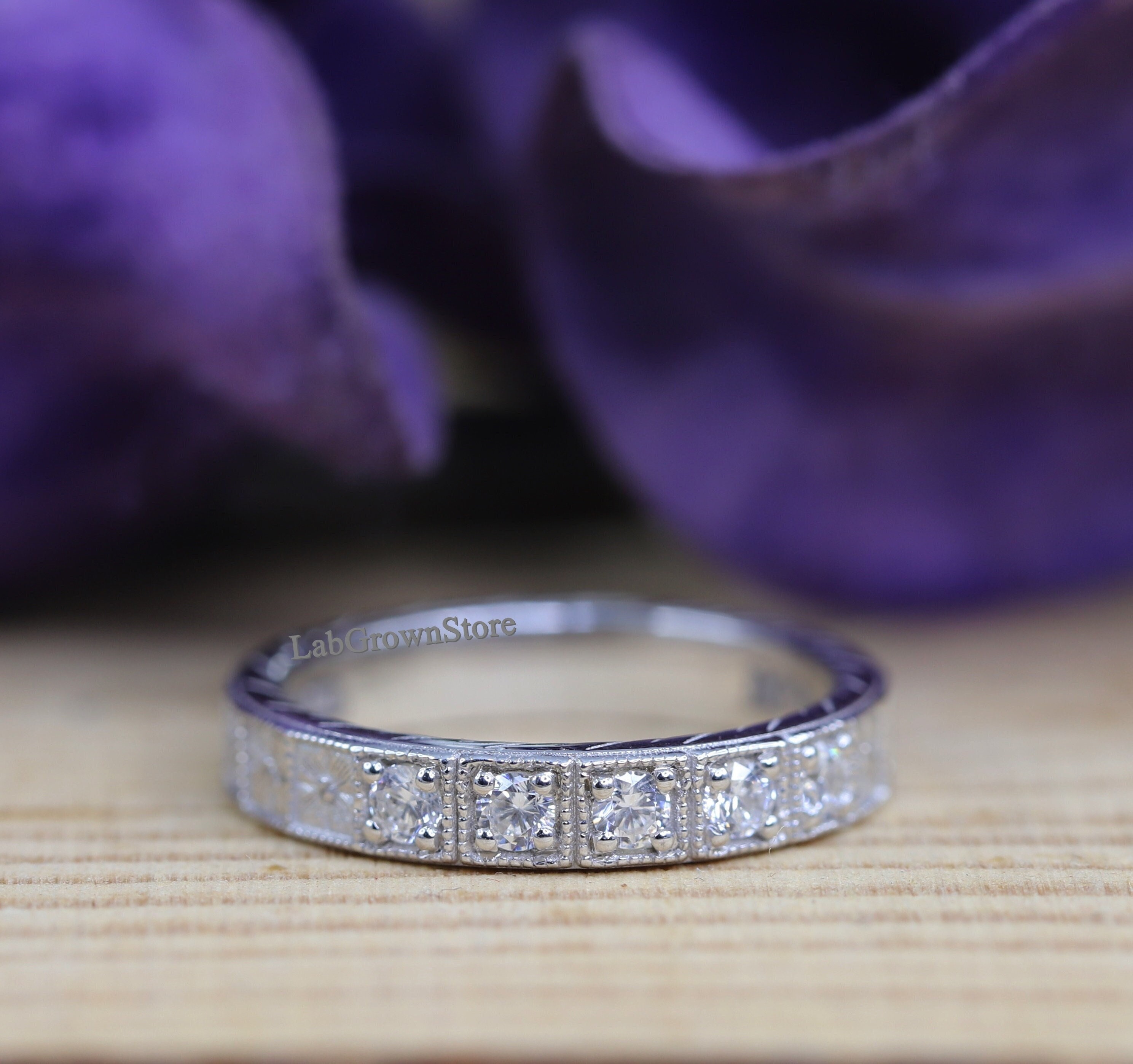 10K Solid White Gold Milgrain Matching Band, Antique Wedding Band, Milgrain Moissanite Eternity Band, Art Deco Stacking Wedding Diamond Band