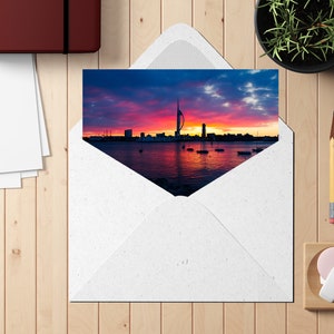 Pink sunrise over Portsmouth greeting card . blank greeting card , Portsmouth greeting card , any occasion greeting card