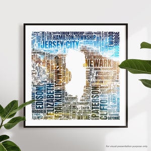 Karte von New Jersey Wortkunst. Bundesstaat New Jersey. Newark Poster. Druckbare Word Art. Druckbare Wandkunst. Digitaler Download. Kunstdruck. PDF-Datei.