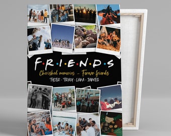May include: A black and white photo collage with a black background. The collage is made up of instant photos of a group of friends. The text "FRIENDS" is written in colorful letters across the top of the collage. The text "Cherished memories - Forever friends" is written in gold letters below the word "FRIENDS". The names "TYLER - TRACY - LANA - JAMES" are written in gold letters below the text.