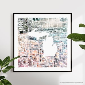 Mapa da arte da palavra de Michigan. Estado de Michigan. Pôster de Detroit. Arte de palavras para impressão. Arte de parede para impressão. Download digital. Cópia da arte. PDF. PNG.