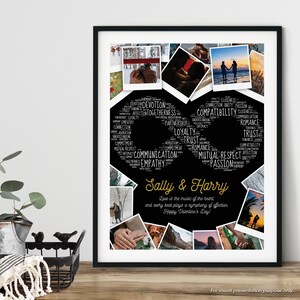 May include: A black and white photo collage with a heart-shaped word cloud in gold lettering. The word cloud includes words like "love", "trust", "loyalty", "respect", and "passion". The collage is surrounded by a black frame and includes a caption that reads "Love is the music of the heart and every beat plays a symphony of affection. Happy Valentine's Day!"