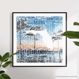 Kaart van Florida WordArt. Staat Florida. Miami-poster. Afdrukbare WordArt. Afdrukbare muurkunst. Digitaal downloaden. Kunstafdruk. Pdf. PNG.