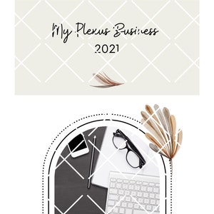 May include: A black desk with a white keyboard, a white phone, a pencil, a pair of glasses, a notebook, and a cup of coffee. The desk is framed by a black arch with a dotted line pattern. The background is a white grid pattern.