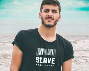 SLAVE Gay Men's Fetish Club Black T-Shirt with Barcode details