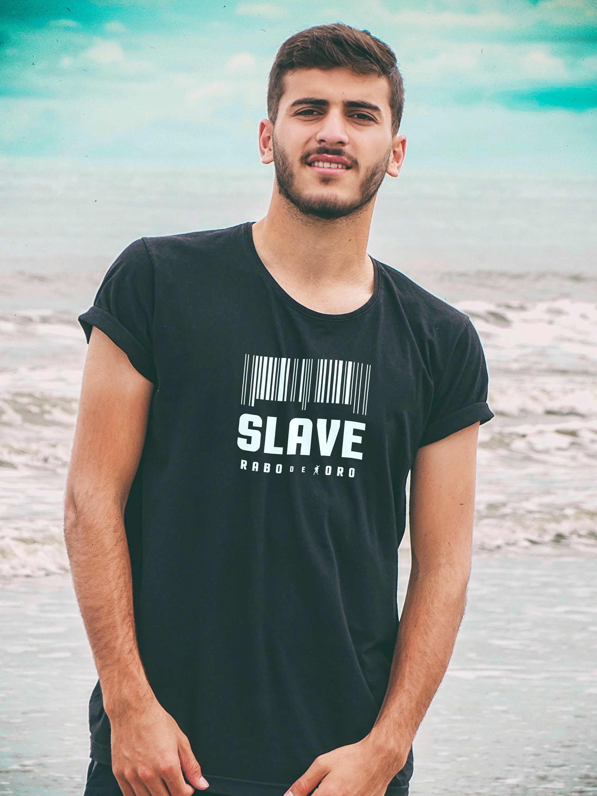 SLAVE Gay Men's Fetish Club Black T-shirt With Barcode Details