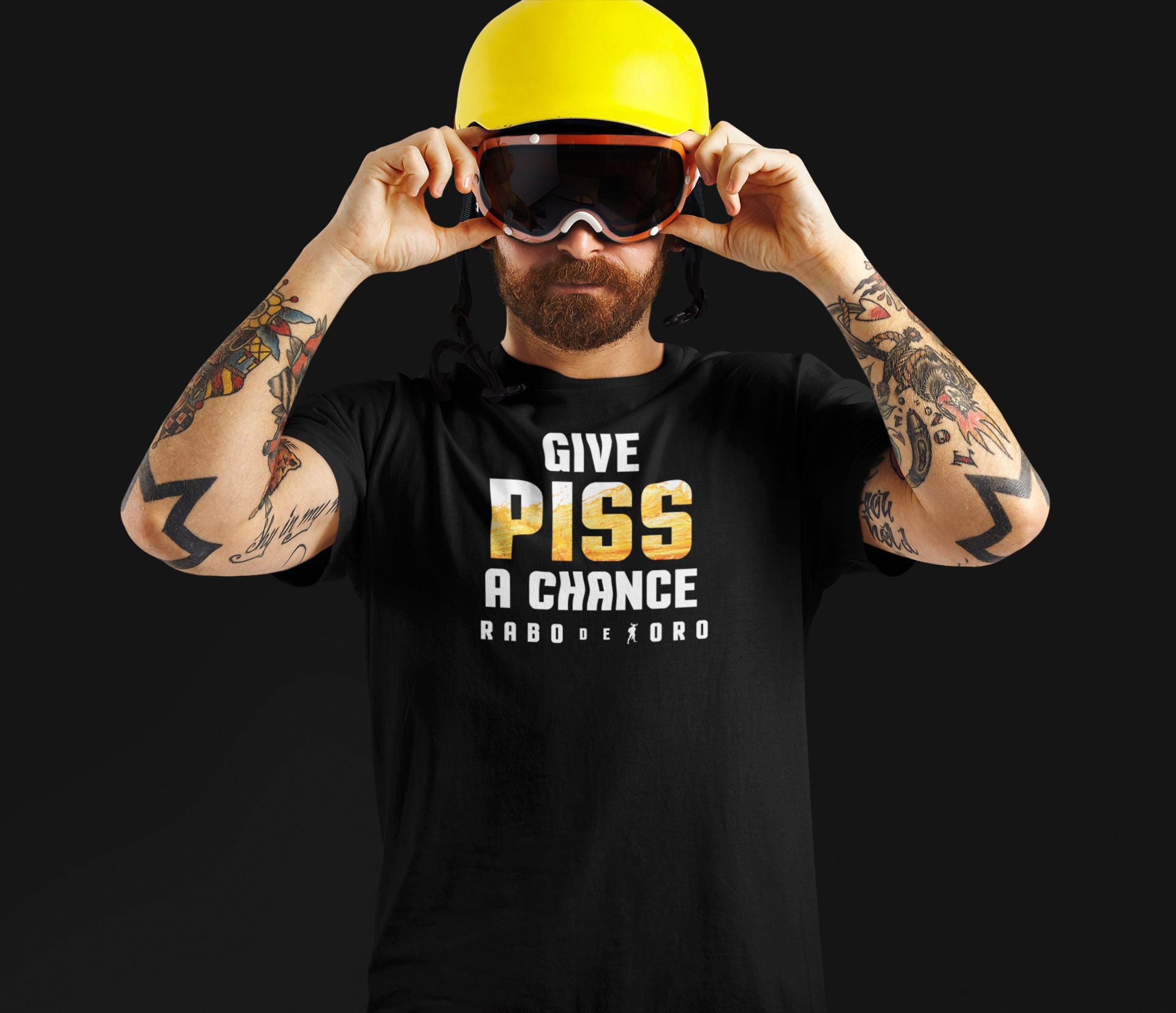Give PISS a CHANCE Gay Men's BDSM Fetish Club Black T-Shirt with Yellow Watersports detail