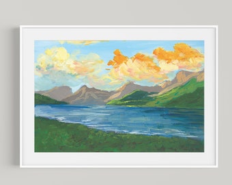 Mountain and Lake Landscape Art Print- 11x14 illustration, wall art, fine art, gift