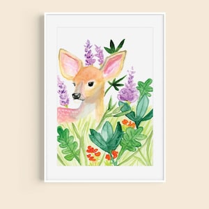 Deer ART PRINT-Fawn in a Garden- 11x14 Watercolor & Mixed media illustration - home decor- farmhouse theme - gift