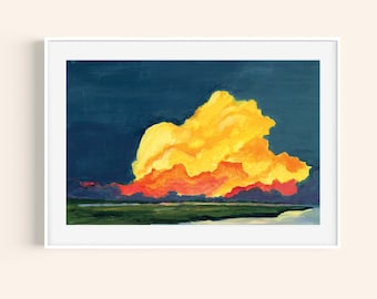 Marsh Sunset ART PRINT- Dramatic sunset clouds over a shimmering marsh- 11x14 Gouache Print- home decor-landscape art - gift