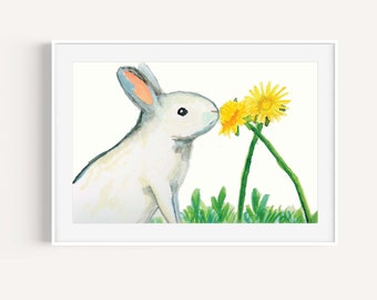 Bunny and flower watercolor art print-8x10 Rabbit wall art, painting and home décor for nursery, baby room, farmhouse décor