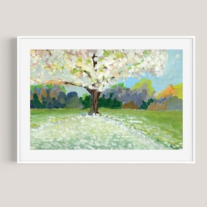 Spring Tree in blossom ART PRINT-Majestic tree with white flowers- 11x14 Gouache Print- home decor-landscape art - gift