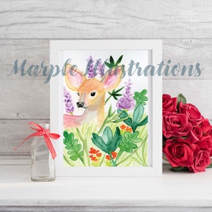 Deer ART PRINT-Fawn in a Garden- 5x7 Watercolor & Mixed media illustration - home decor- farmhouse theme - gift