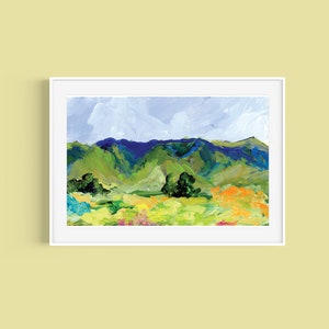 Blue Hills in Spring ART PRINT - 11x14 Abstract acrylic illustration of hills and spring flowers, modern wall art, home decor, gift