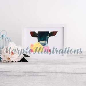 Cow ART PRINT-Cow smelling flowers-  5x7 Gouache Illustration - Watercolor - home decor- farmhouse theme - gift