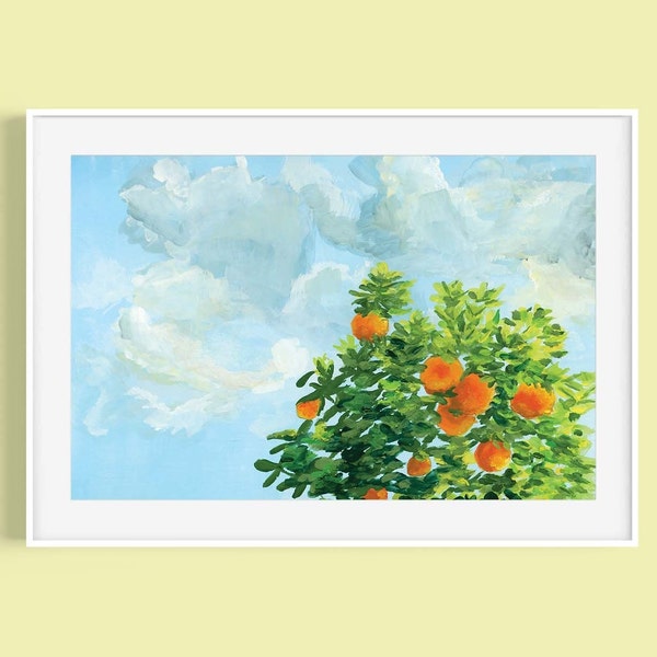 Orange Tree ART PRINT-Oranges in a Bright Sky- 11x14 Gouache Print- home decor-landscape art - gift