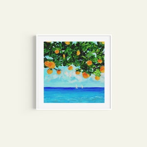 Oranges by the Sea Art Print- 12x12 Illustration of an orange tree by the blue ocean, boats in water wall art Mediterranean, Beach decor