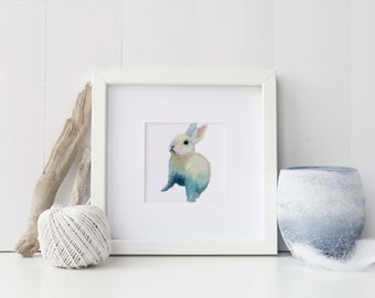 Rainbow rabbit Art Print- a charming, whimsical bunny, 4x4, perfect for nursery, baby room, girl's room, gift, notecard