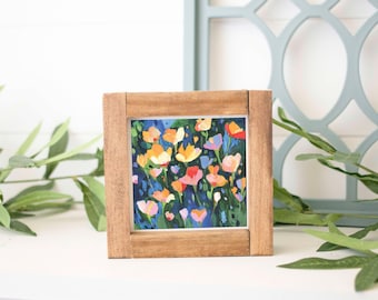 Midnight Garden Art Print- 4x4 Illustration of colorful flowers in abstract garden wall art botanical, modern decor