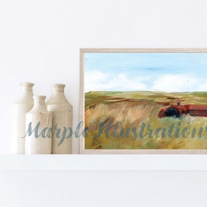 Tractor and Farm ART PRINT- Forgotten Fields- 5x7 Illustration of Acrylic painting- Abstract art-  farm home decor-landscape art - gift
