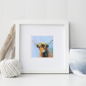 Sweet Highland Art Print- 4x4 Impressionist Illustration of a Highland cow, wall art, Celtic, Farm decor, gift, notecard