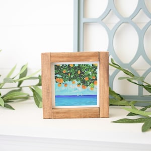 Oranges by the Sea Art Print- 4x4 Illustration of an orange tree by the blue ocean, boats in background wall art Mediterranean, Beach decor